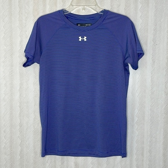 ❤️ 🆕 UNDER ARMOUR Heat Gear Womens Blue/White Striped SS Tee Shirt Size S - Picture 2 of 5